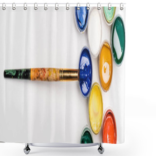 Personality  Top View Of Colorful Gouache Paints And Paintbrush On White Background, Panoramic Shot Shower Curtains