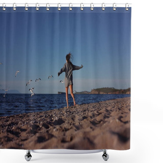 Personality  Woman Running On Sandy Beach Shower Curtains