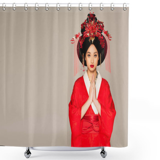 Personality  Asian Woman With Red Lips Showing Praying Hands Isolated On Grey  Shower Curtains