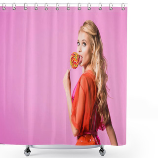 Personality  Beautiful Girl Licking Lollipop Isolated On Pink, Doll Concept Shower Curtains