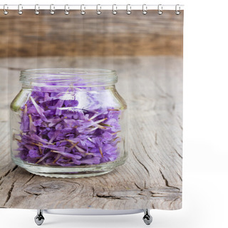 Personality  Pale Lilac Flower Petals In A Glass Jar On Old Wooden Boards In The Cracks. The Concept Of Aromatherapy, Alternative Medicine Shower Curtains