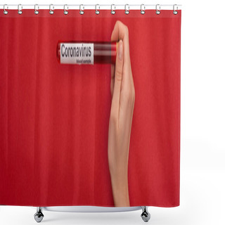 Personality  Top View Of Woman Holding Test Tube With Blood Sample And Coronavirus Lettering On Red Background, Panoramic Shot Shower Curtains