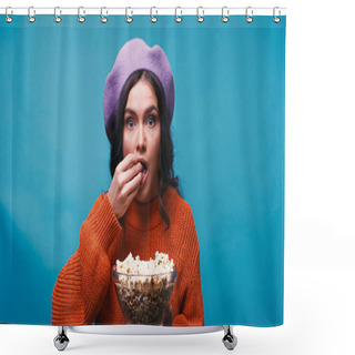 Personality  Astonished Woman In Beret Watching Movie And Eating Popcorn Isolated On Blue Shower Curtains