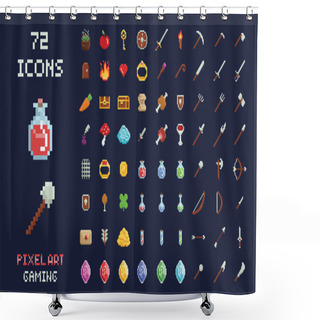 Personality  Pixel Art Vector Game Design Icon Video Game Interface Set. Weapons, Food, Items, Potion, Magic. Shower Curtains