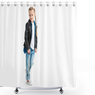 Personality  Little Stylish Kid Wearing Black Leather Jacket Standing With Fingers In Pockets Isolated On White Shower Curtains