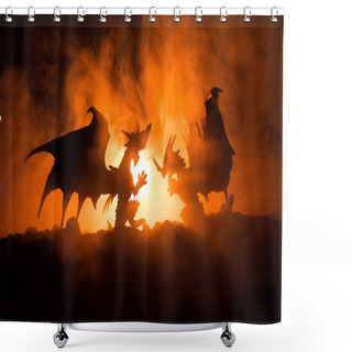 Personality  Silhouette Of Fire Breathing Dragon With Big Wings On A Dark Orange Background Shower Curtains