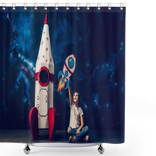 Personality  Boy With Toy Rocket In Space Shower Curtains