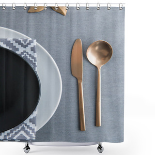 Personality  Top View Of Black Empty Plate, Napkin And Old Fashioned Tarnished Cutlery On Tabletop Shower Curtains