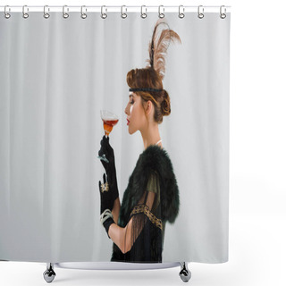 Personality  Side View Of Attractive And Stylish Woman Holding Glass With Alcohol Drink Isolated On Grey  Shower Curtains
