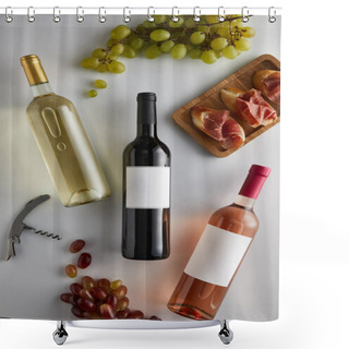 Personality  Top View Of Bottles With White, Red And Rose Wine Near Grape, Corkscrew And Sliced Prosciutto On Baguette On White Background Shower Curtains
