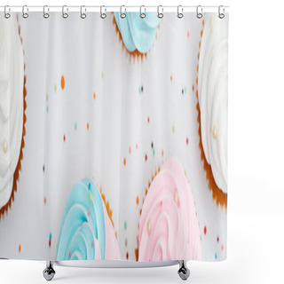 Personality  Panoramic Shot Of Delicious Colorful Cupcakes With Sprinkles Isolated On White Shower Curtains