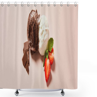 Personality  Top View Of Fresh Tasty White And Chocolate Ice Cream Balls With Mint And Strawberry On Pink Background, Panoramic Shot Shower Curtains