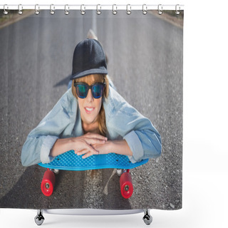 Personality  Funky Young Blonde Lying On A Deserted Road Shower Curtains