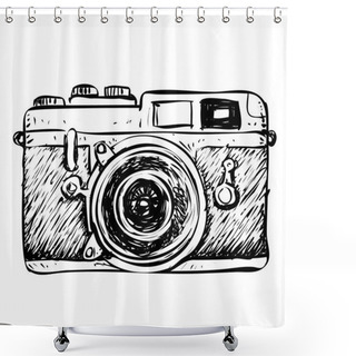 Personality  Vector Illustration. Retro Camera Simple Doodle Design In Black And White Shower Curtains