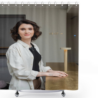 Personality  Young And Joyful Woman With Wavy Brunette Hair, In Trendy Casual Clothes, White Shirt And Black Crop Top Looking At Camera Near Reception Desk And Lamp In Lobby Of Contemporary Hotel Shower Curtains