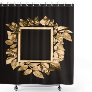 Personality  Top View Of Golden Photo Frame And Leaves Isolated On Black Shower Curtains