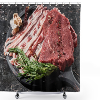 Personality  Wooden Pan With Raw Beef And Bacon Near Rosemary, Garlic And Cayenne Pepper On Black Marble Surface Shower Curtains