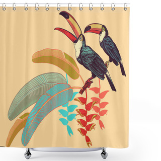 Personality  Poster With Birds Toucans, Tropical Leaves And Flowers. Vector Illustration. Motives Of Exotic Nature. Vintage. Template For Printing On T-shirts, Summer Clothes And Bags, Decorating Shop Windows. Shower Curtains