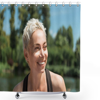 Personality  Portrait Of Beautiful Smiling Woman Looking Away In Park Shower Curtains