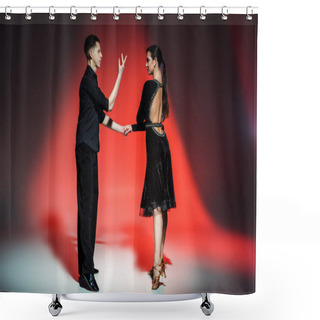 Personality  Elegant Young Couple Of Ballroom Dancers In Black Outfits Dancing In Red Light Shower Curtains
