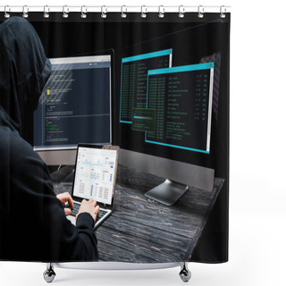 Personality  Hacker Using Laptop With Charts And Graphs On Screen Near Computer Monitors On Black  Shower Curtains