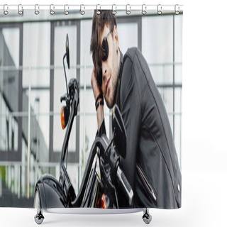 Personality  Panoramic Shot Of Handsome Young Man In Leather Jacket Resting While Sitting On Motorcycle  Shower Curtains