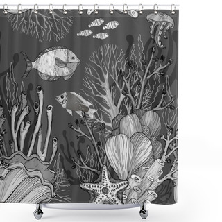 Personality  Seamless Pattern With Nautical Sea Treasure Marine Life. Black And White Shower Curtains