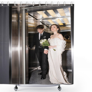 Personality  Full Length Of Pretty Bride In White Dress Holding Bridal Bouquet With Flowers And Hand Of Cheerful Groom In Suit Standing In Elevator In Hotel, Happy Newlyweds  Shower Curtains