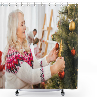 Personality  Happy Senior Woman Decorating Christmas Tree Shower Curtains