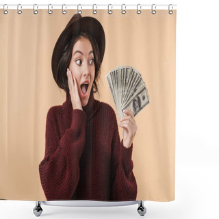 Personality  Image Of Young Surprised Emotional Brunette Woman Isolated Over Beige Wall Background Holding Money. Shower Curtains