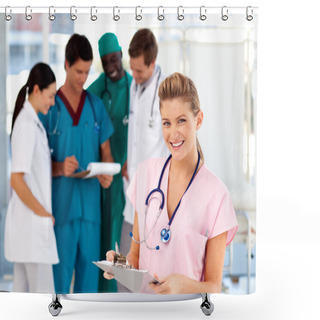 Personality  Blonde Nurse With Her Team In The Background Shower Curtains