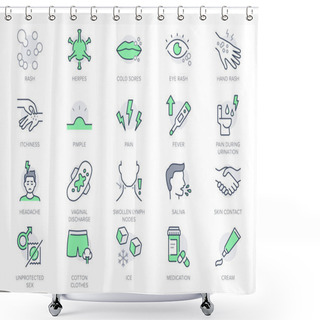 Personality  Herpes Symptoms Line Icons. Vector Illustration Include Icon - Blister, Pimple, Pain, Fever, Vaginal, Discharge, Sores, Blister Outline Pictogram For Rash Virus. Green Color, Editable Stroke. Shower Curtains