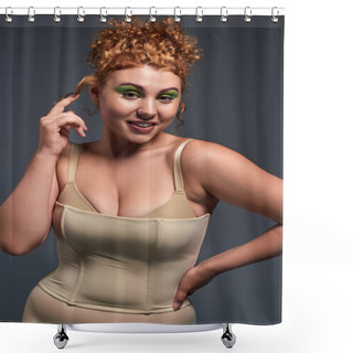 Personality  Smiling Redhead Woman With Curvy Body Showing Idea Gesture On Dark Grey Backdrop, Body Positivity Shower Curtains