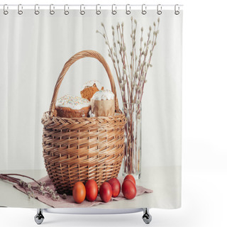 Personality  Basket With Easter Cakes, Painted Eggs And Catkins On Grey  Shower Curtains