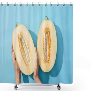 Personality  Cropped Shot Of Female Hands And Halved Ripe Melon On Blue  Shower Curtains