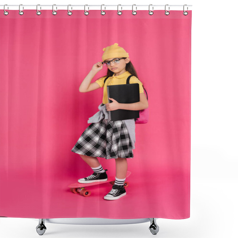 Personality  Schoolgirl In Beanie Hat And Glasses Holding Notebooks, Standing Near Penny Board On Pink Background Shower Curtains