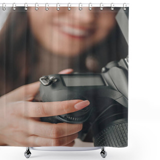 Personality  Selective Focus Of Art Editor Holding Digital Camera  Shower Curtains