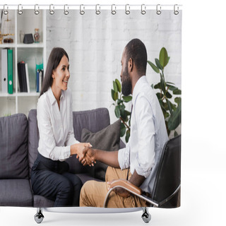 Personality  Joyful Patient Shaking Hands With African American Psychologist While Sitting On Sofa Shower Curtains