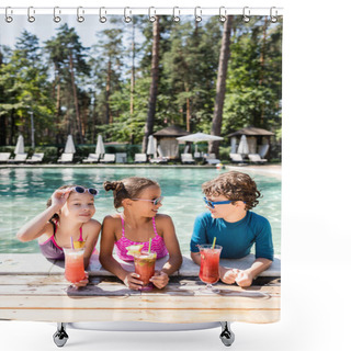 Personality  Joyful Girl Touching Sunglasses While Looking At Camera Near Friends With Fresh Fruit Cocktails At Poolside Shower Curtains