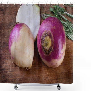 Personality  Fresh Turnips On Rustic Wooden Board. Shower Curtains