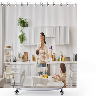 Personality  Merry Attractive Mother Enjoying Breakfast With Her Toddler And Newborn Sons, Modern Parenting Shower Curtains