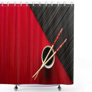Personality  Chopsticks And Bowl With Soy Sauce On Bamboo Mat Shower Curtains