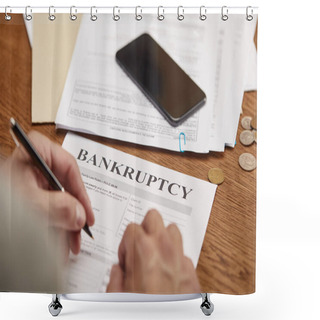 Personality  Partial View Of Businessman Filling In Bankruptcy Form At Wooden Table With Smartphone Shower Curtains