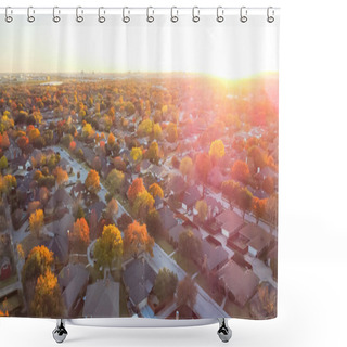 Personality  Aerial View Residential Neighborhood With Colorful Fall Foliage At Sunset Near Dallas, Texas, America. Top View Sprawl Subdivision In A Master Planned Community Into Horizontal Line Shower Curtains