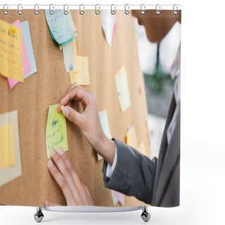 Personality  Cropped View Of African American Businesswoman Attaching Sticky Note On Blurred Board In Office  Shower Curtains