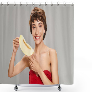 Personality  A Young Woman In A Striking Red Dress Posing With Melon. Shower Curtains