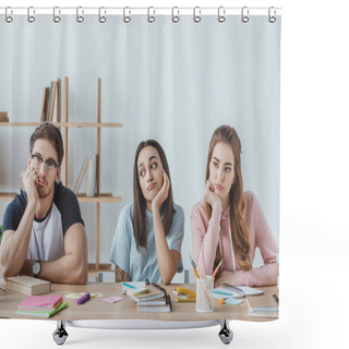 Personality  Bored Multicultural Students Sitting At Table With Books  Shower Curtains