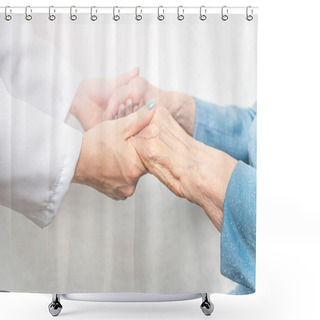 Personality  Helping And Care For The Elderly Concept.Young Nurse Hands Holding An Old Hands Of Senior Woman. Shower Curtains