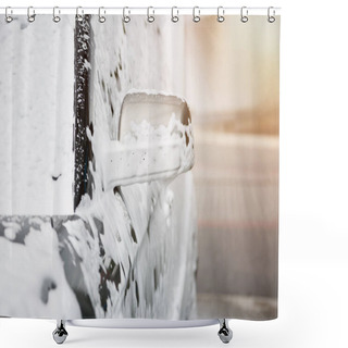 Personality  Cropped Image Of Car In White Cleaning Foam At Car Wash Shower Curtains