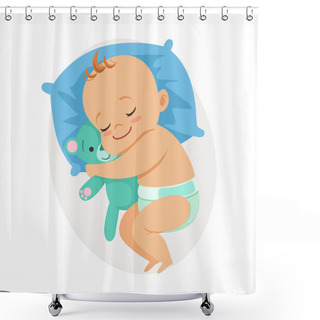 Personality  Sweet Little Baby Sleeping In His Bed And Hugging Teddy Bear, Colorful Cartoon Character Vector Illustration Shower Curtains